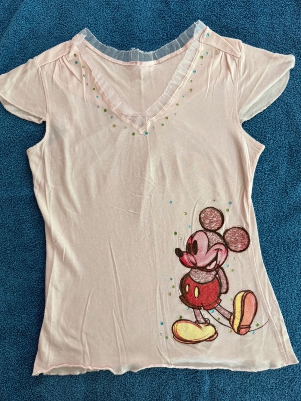 Pink Lace Trim Mickey Mouse t-shirt with bead detail and ruffle sleeve Size M